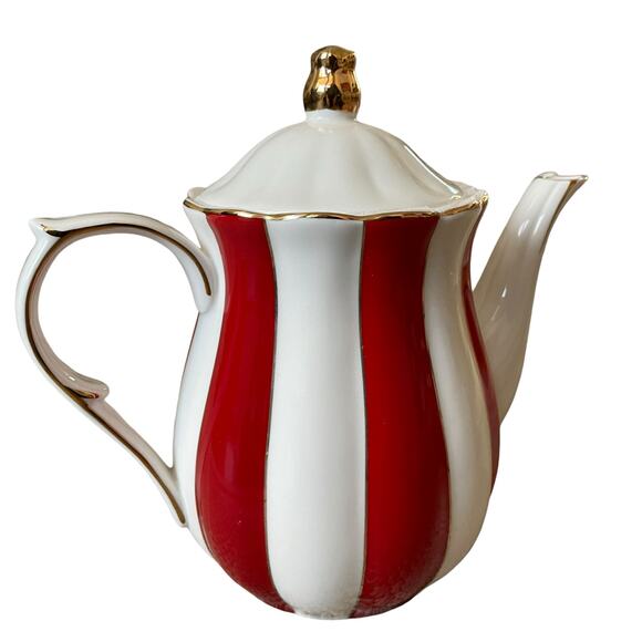 Grace Teaware Fine Porcelain Teapot Holiday Red White Gold Peppermint Stripe New - Picture 16 of 16